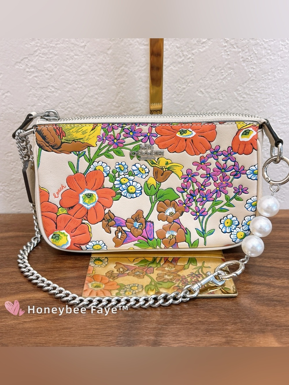 Coach Nolita 19 Floral Print Bag with pearl chain cr365
